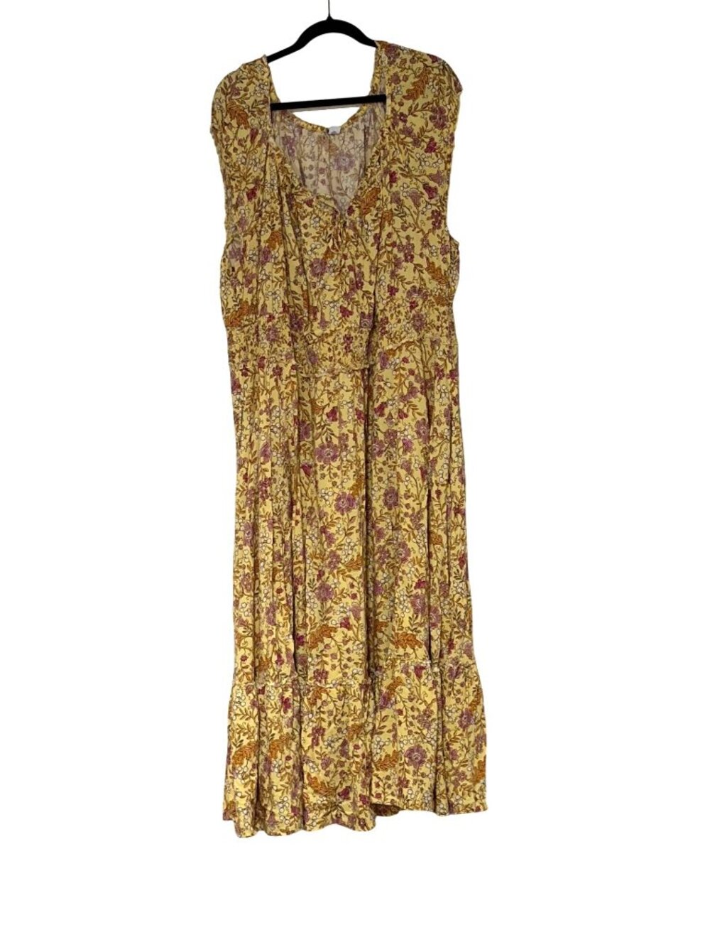 Vintage Old Navy Womens Size 4X Boho Maxi Dress Yellow Floral Cap Sleeve Smocked